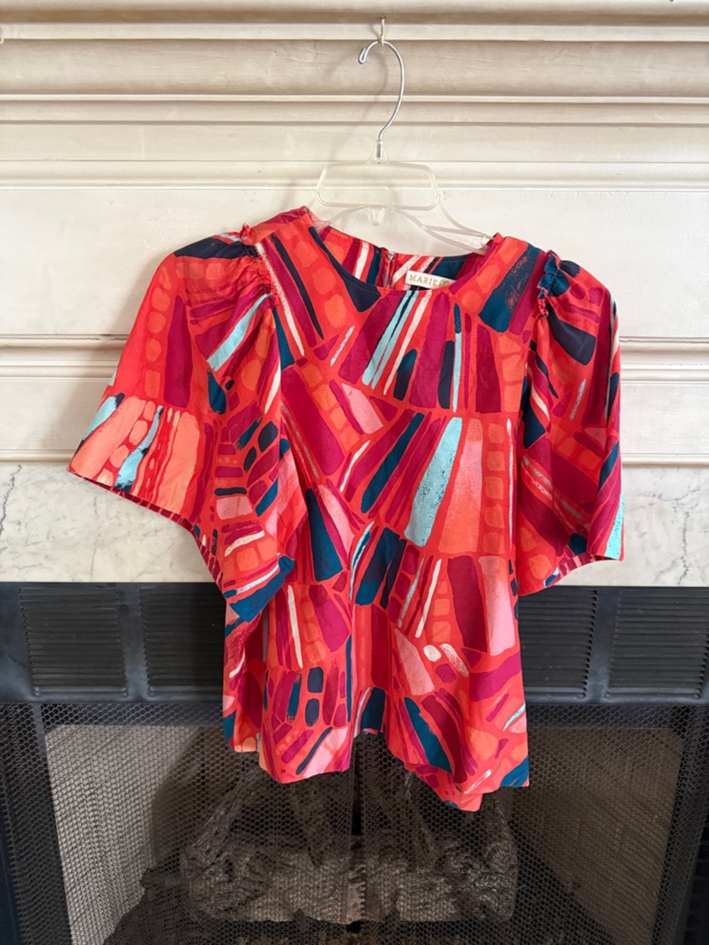 Marie Oliver Coral Red Abstract Flutter Sleeve Blouse
